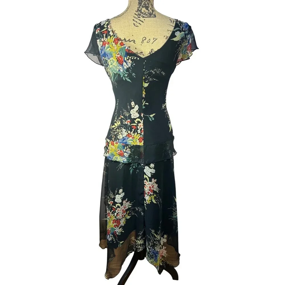Dress Sz 6 Black Floral Asymmetrical Hem Drop Waist Whimsy Fairy Romantic - Picture 2 of 10